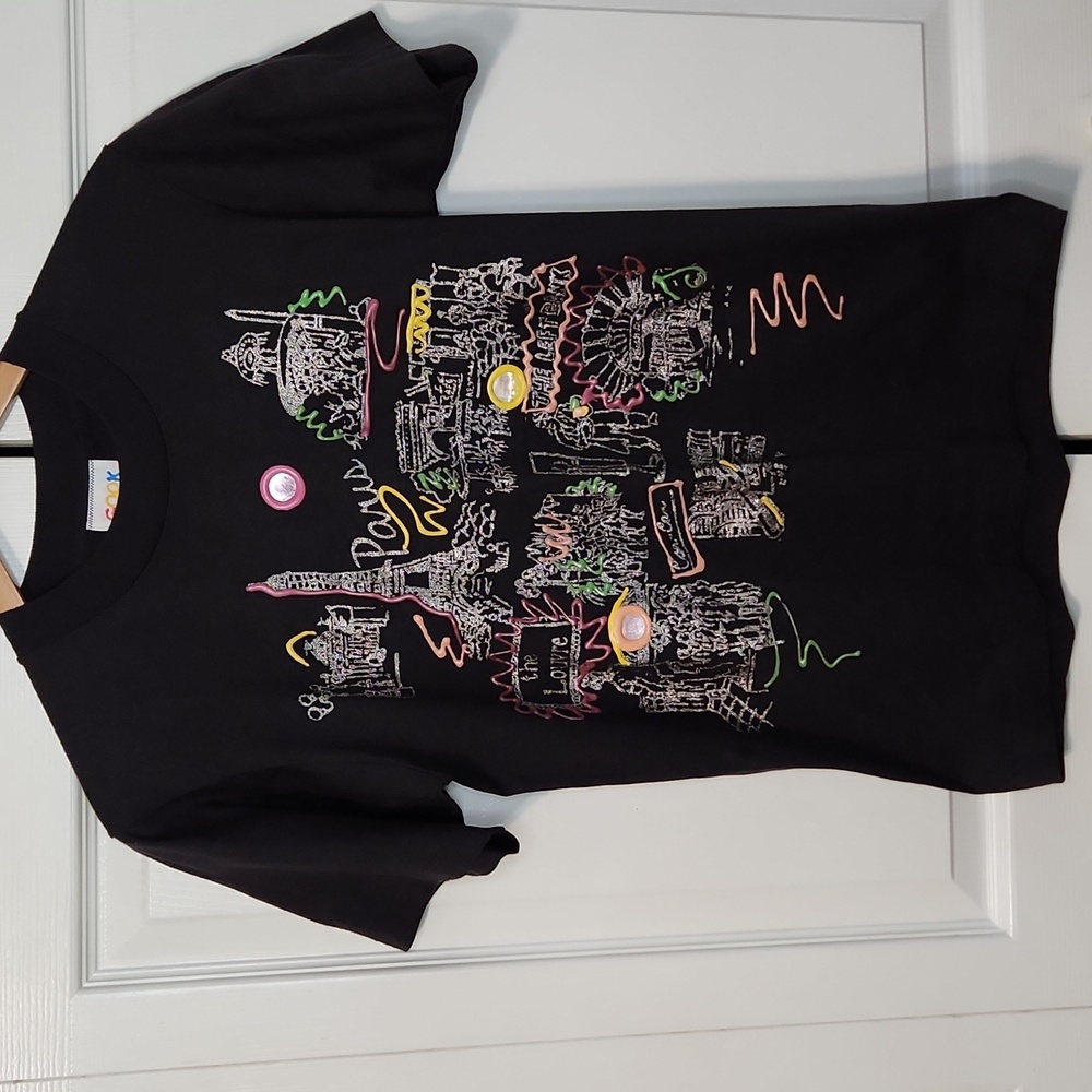 Vintage Black Unisex T-Shirt W-SM M-XS‎ Paris 80s Single Stitch USA Puff Paint